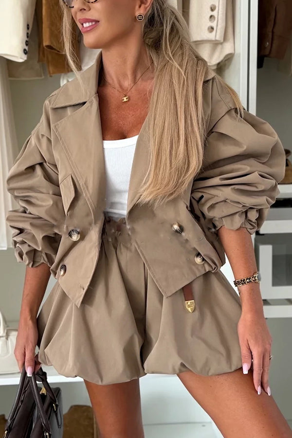 Ensemble décontracté veste à poches avec col à revers, manches lanterne et boutons + pantalon