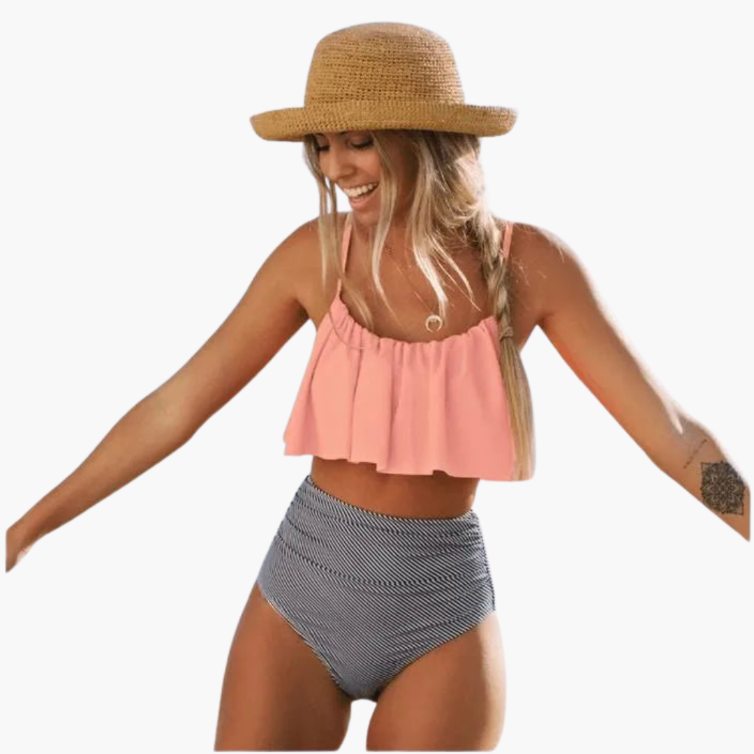 Bikini Taille Haute avec Volants - Ensemble Maillot de Bain Femme Boho