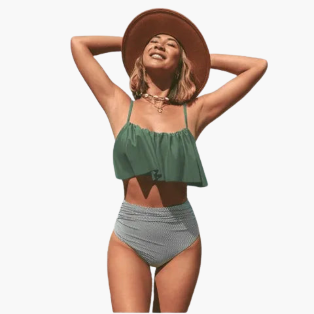 Bikini Taille Haute avec Volants - Ensemble Maillot de Bain Femme Boho