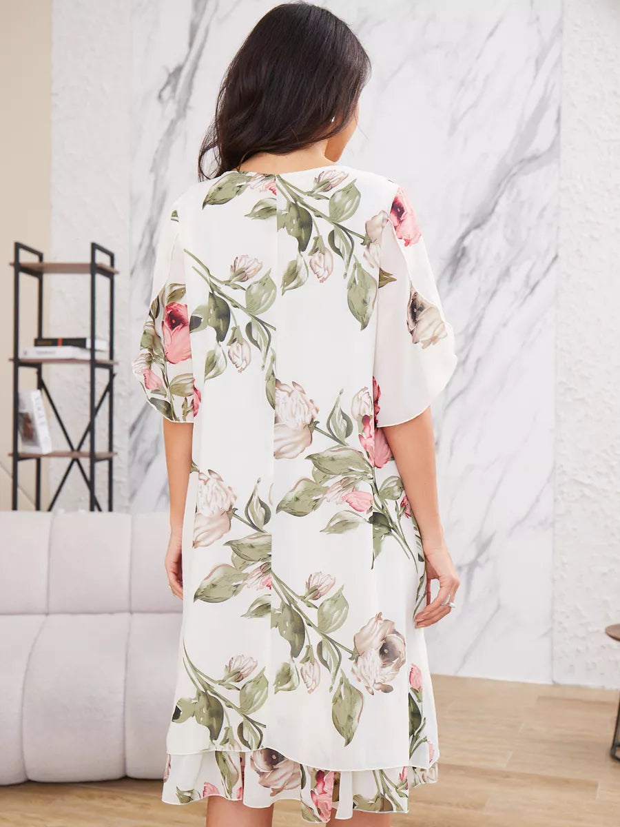 Robe Fleur de Soie. Élégante robe femme à manches mi-longues en chiffon avec imprimé