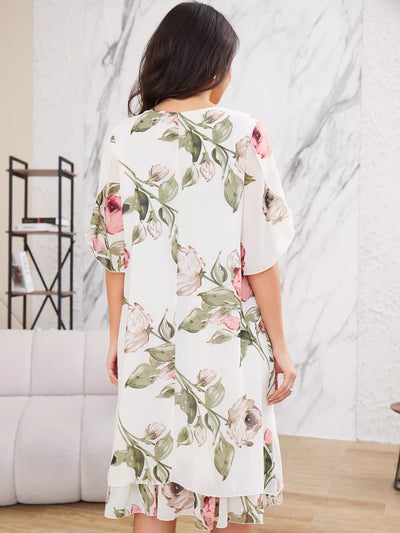 Robe Fleur de Soie. Élégante robe femme à manches mi-longues en chiffon avec imprimé