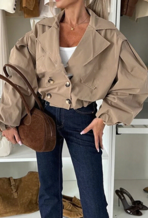 Ensemble décontracté veste à poches avec col à revers, manches lanterne et boutons + pantalon