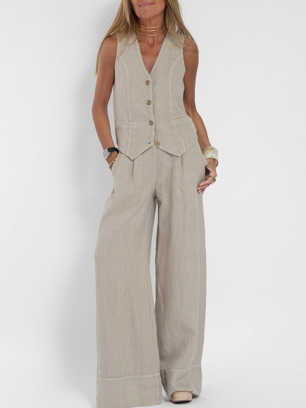 Aira™ – Ensemble composé d’un gilet boutonné et d’un pantalon à jambes larges