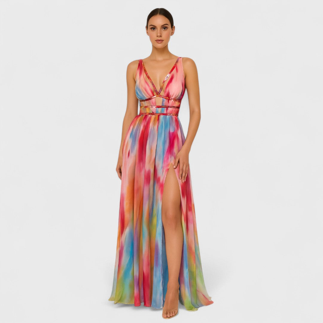 Freya | Robe Longue Peinte au Dégradé de Couleurs Vibrantes