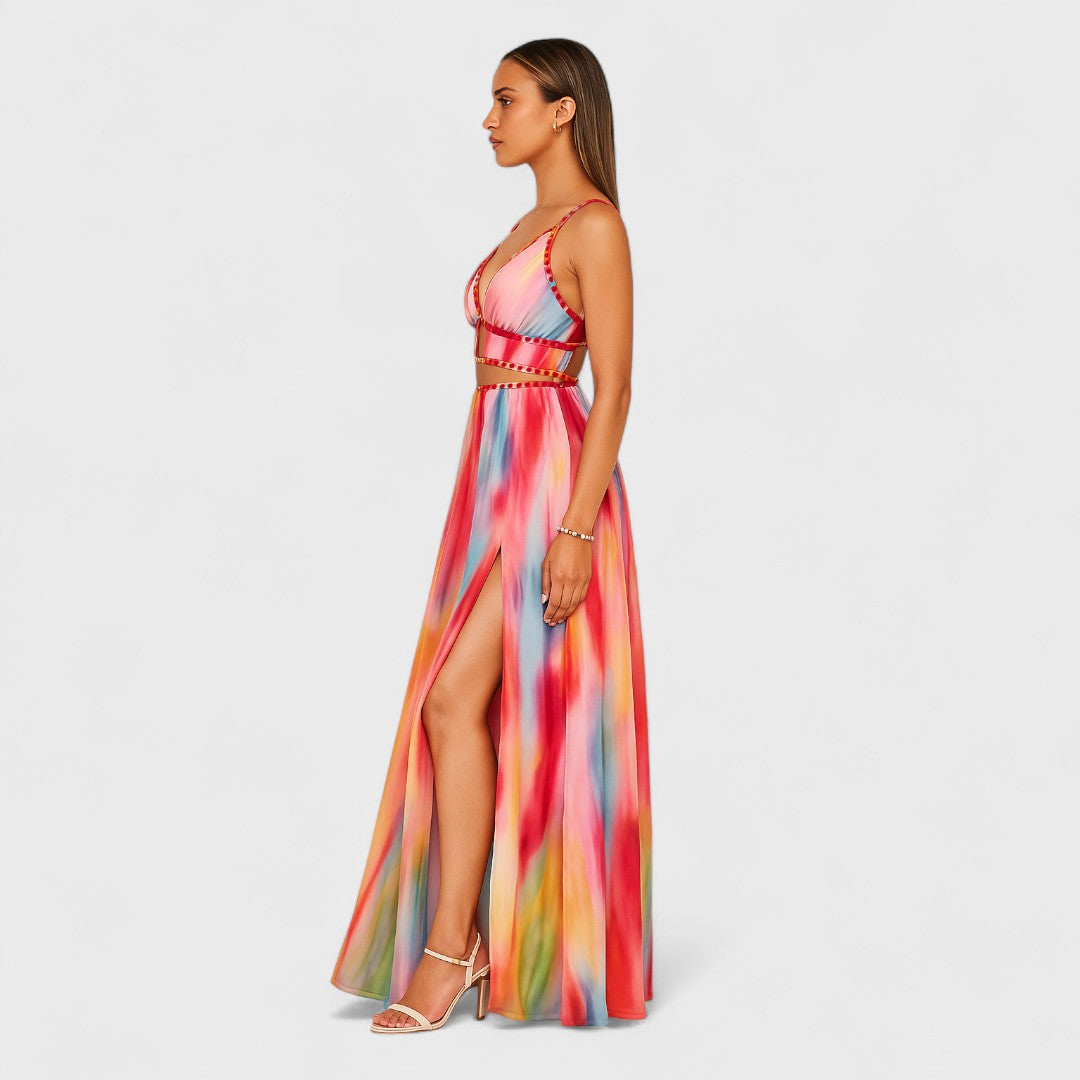 Freya | Robe Longue Peinte au Dégradé de Couleurs Vibrantes