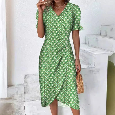 Élora – Robe d’été élégante à imprimé géométrique et manches bouffantes
