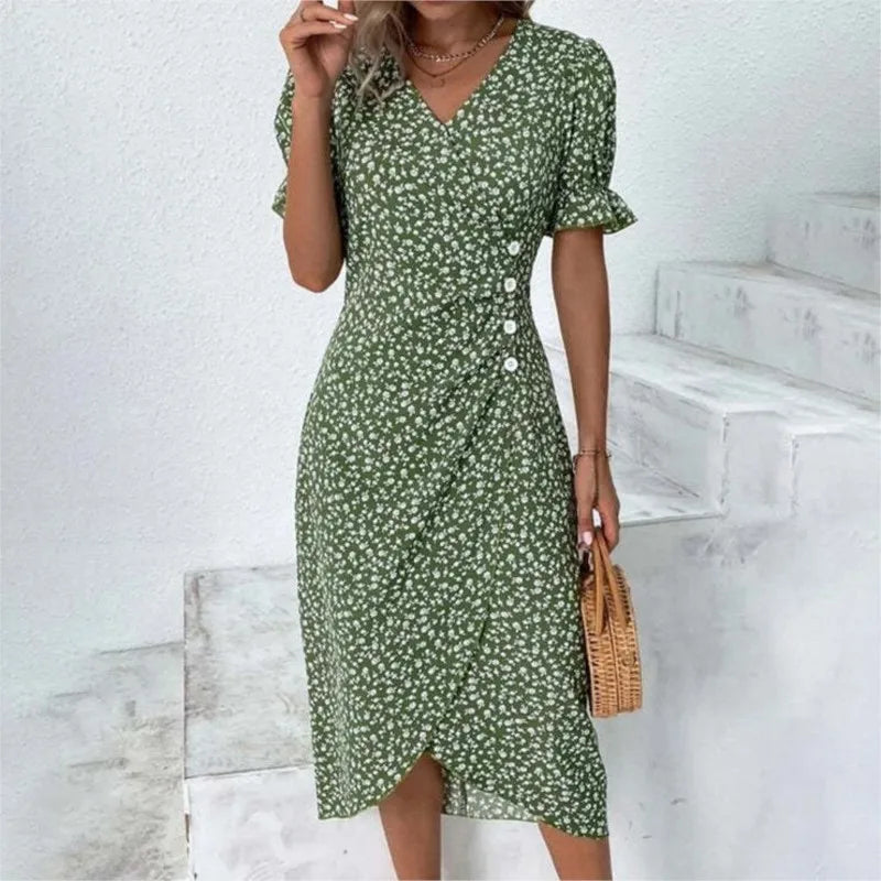 Élora – Robe d’été élégante à imprimé géométrique et manches bouffantes