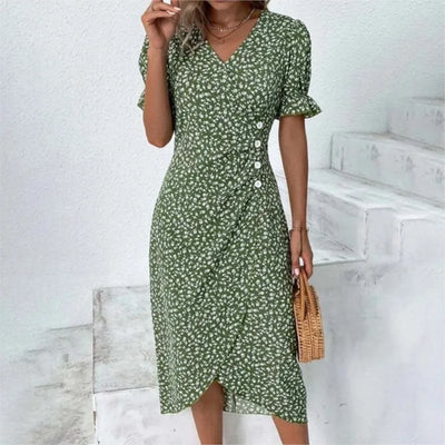 Élora – Robe d’été élégante à imprimé géométrique et manches bouffantes