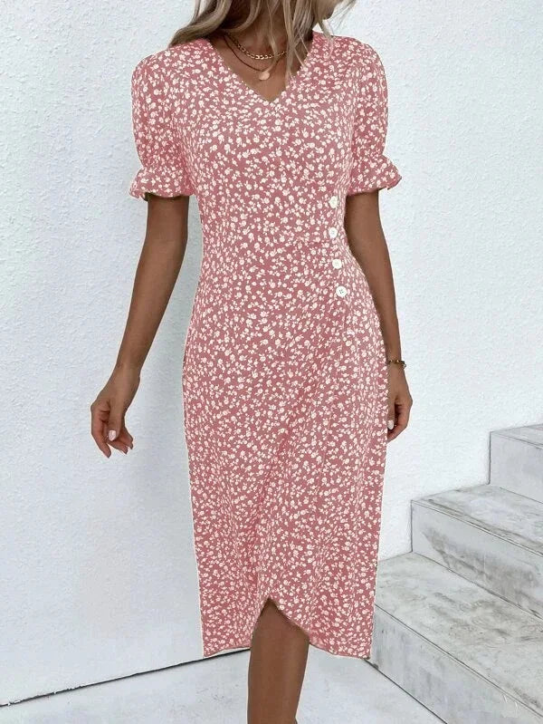 Élora – Robe d’été élégante à imprimé géométrique et manches bouffantes
