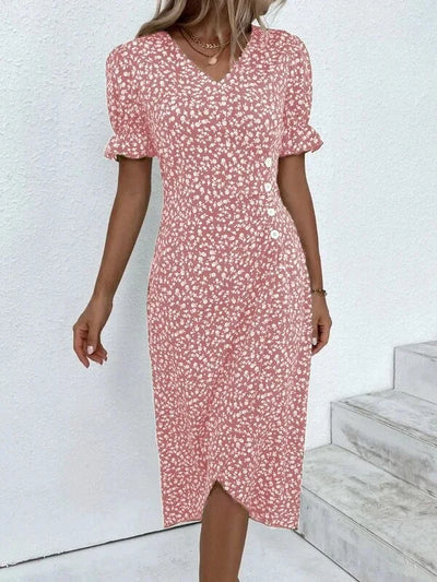 Élora – Robe d’été élégante à imprimé géométrique et manches bouffantes