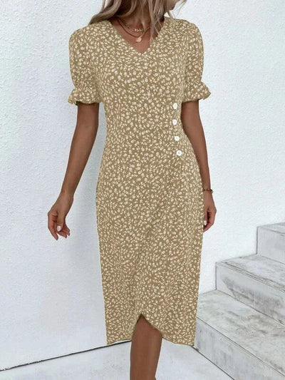 Élora – Robe d’été élégante à imprimé géométrique et manches bouffantes