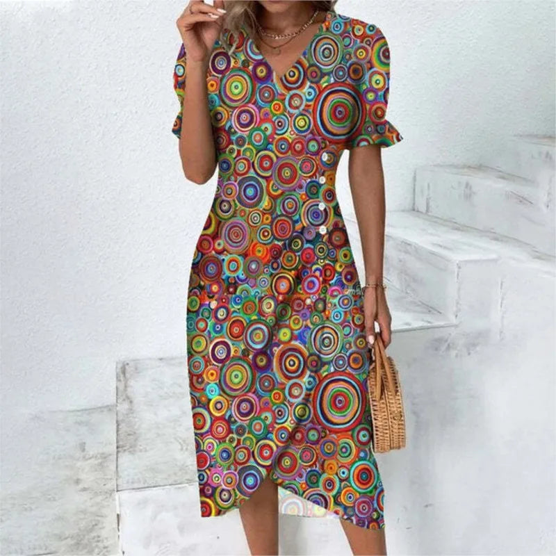 Élora – Robe d’été élégante à imprimé géométrique et manches bouffantes