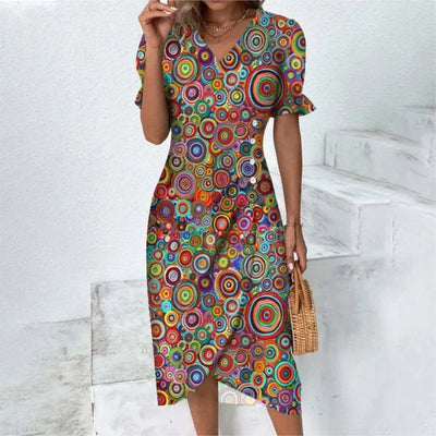 Élora – Robe d’été élégante à imprimé géométrique et manches bouffantes