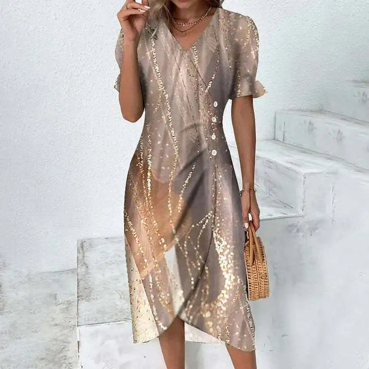 Élora – Robe d’été élégante à imprimé géométrique et manches bouffantes