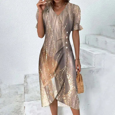 Élora – Robe d’été élégante à imprimé géométrique et manches bouffantes