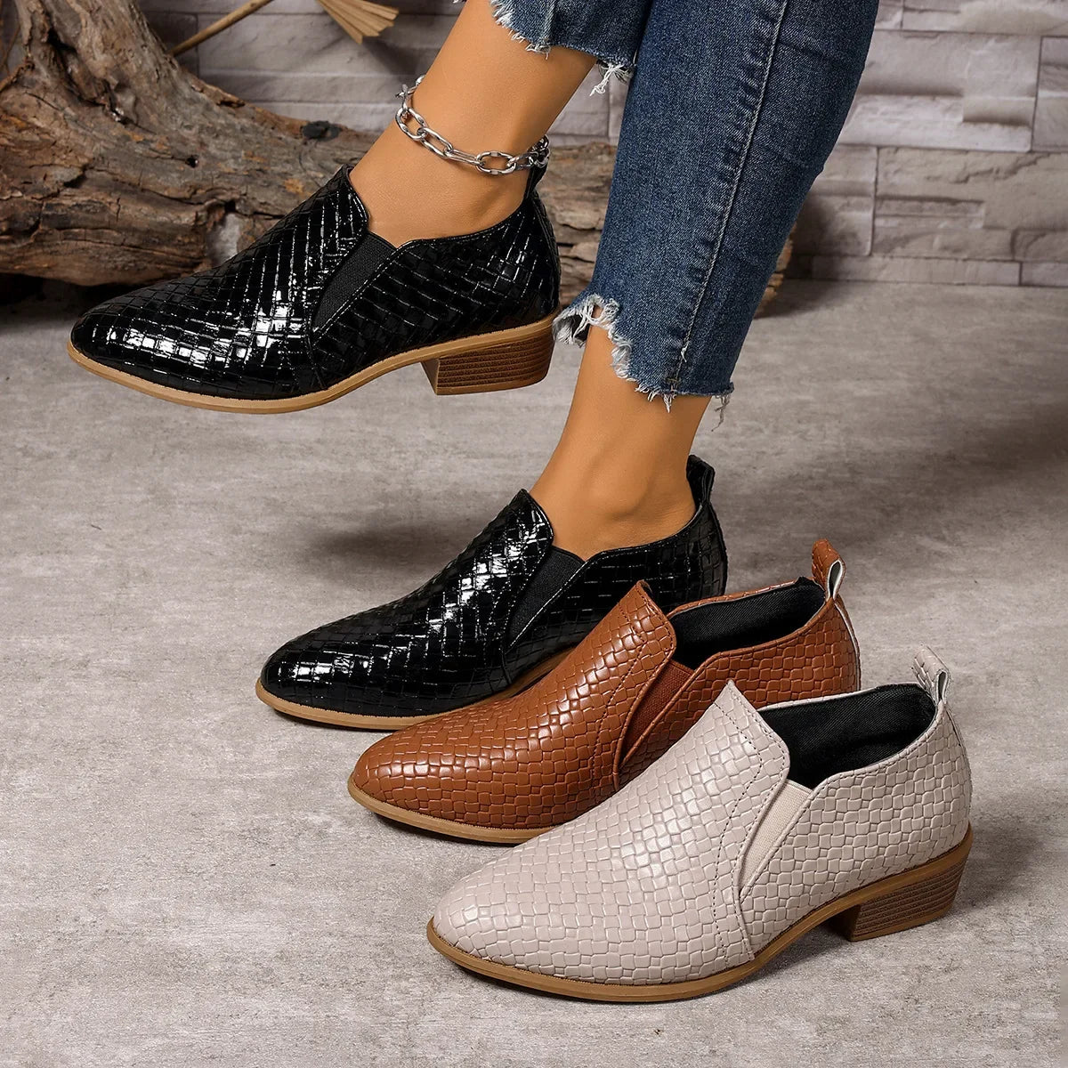 Dames instappers met dikke hak Beige Retro Grote maat 43, Lente Herfst Nieuwe stijl Platte schoenen Comfortabel polyurethaan