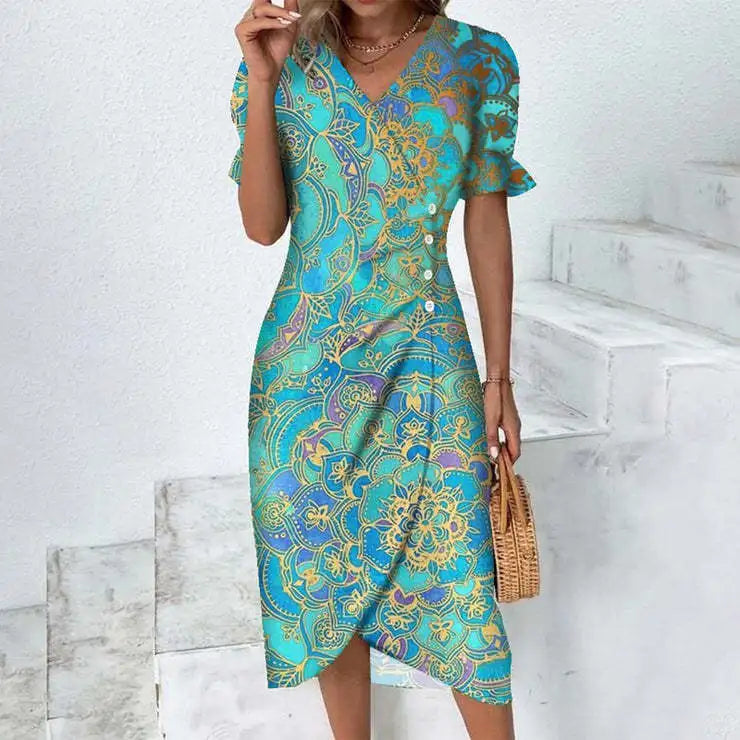 Élora – Robe d’été élégante à imprimé géométrique et manches bouffantes