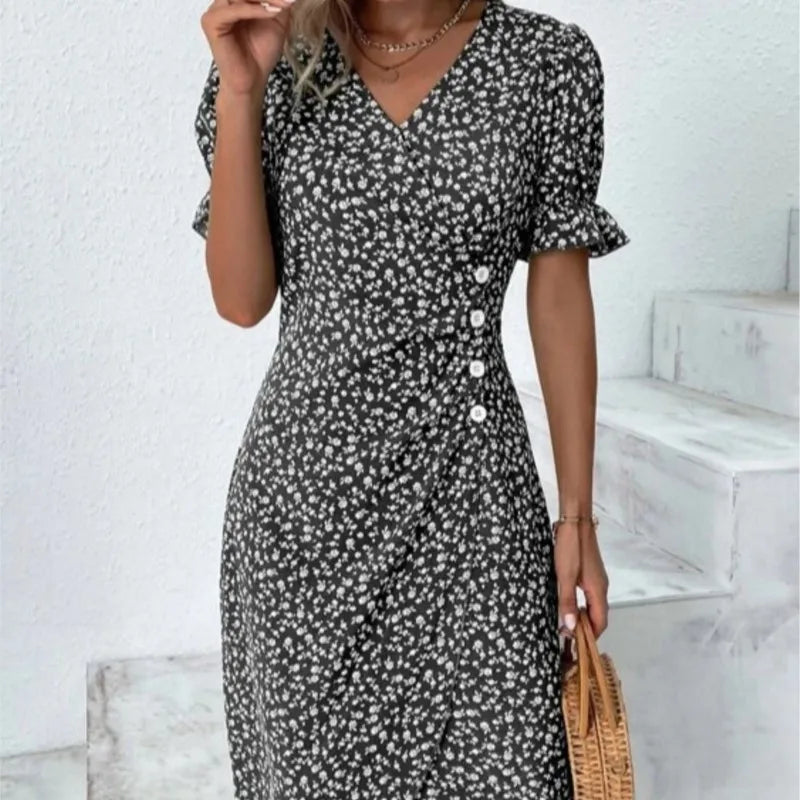 Élora – Robe d’été élégante à imprimé géométrique et manches bouffantes