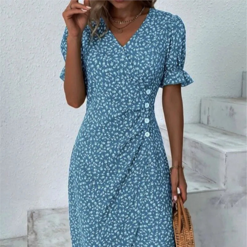 Élora – Robe d’été élégante à imprimé géométrique et manches bouffantes