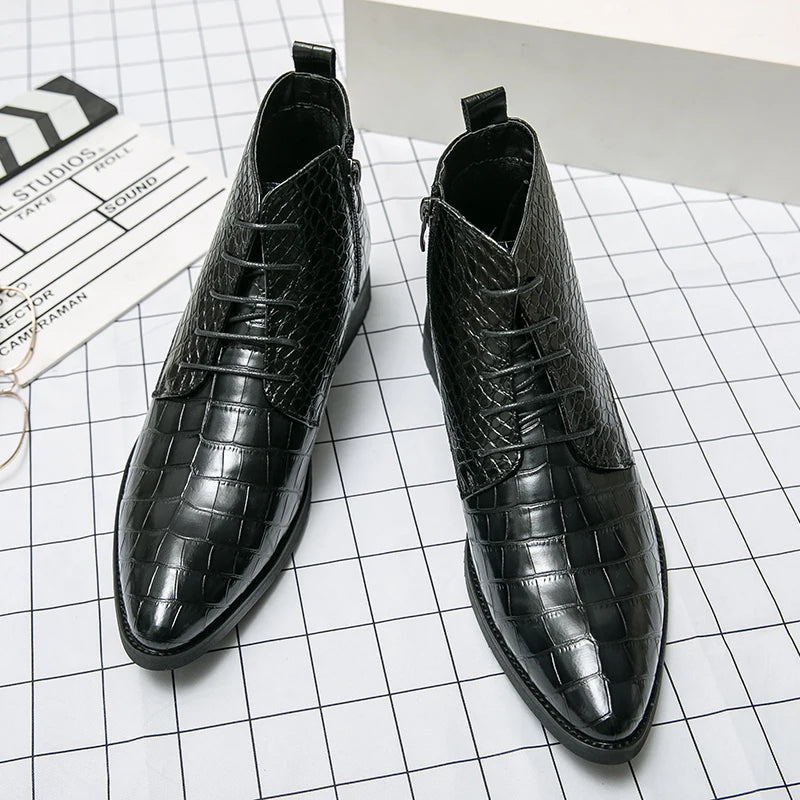 High Quality Low Heeled Lace Up Brown Chelsea Mens Boots Business Leather Men Designer Boots Fashion Casual Pointed Cowboy Boots