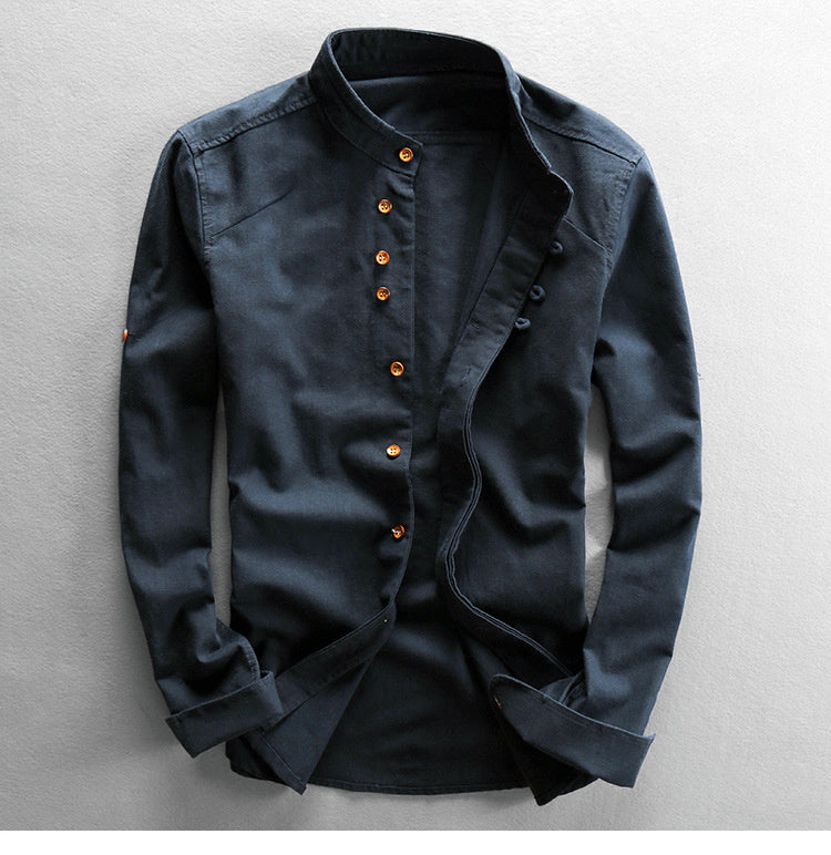 Mathis™ | Chemise Japonaise en Lin & Coton – Col Mao, Slim Fit et Respirante