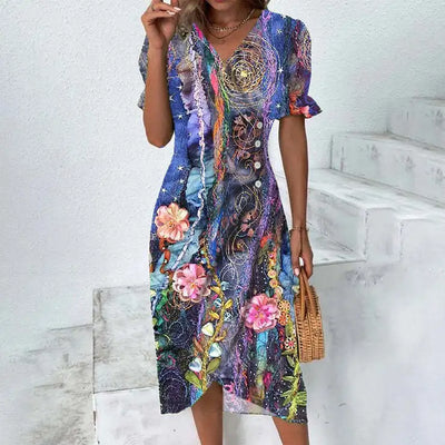 Élora – Robe d’été élégante à imprimé géométrique et manches bouffantes