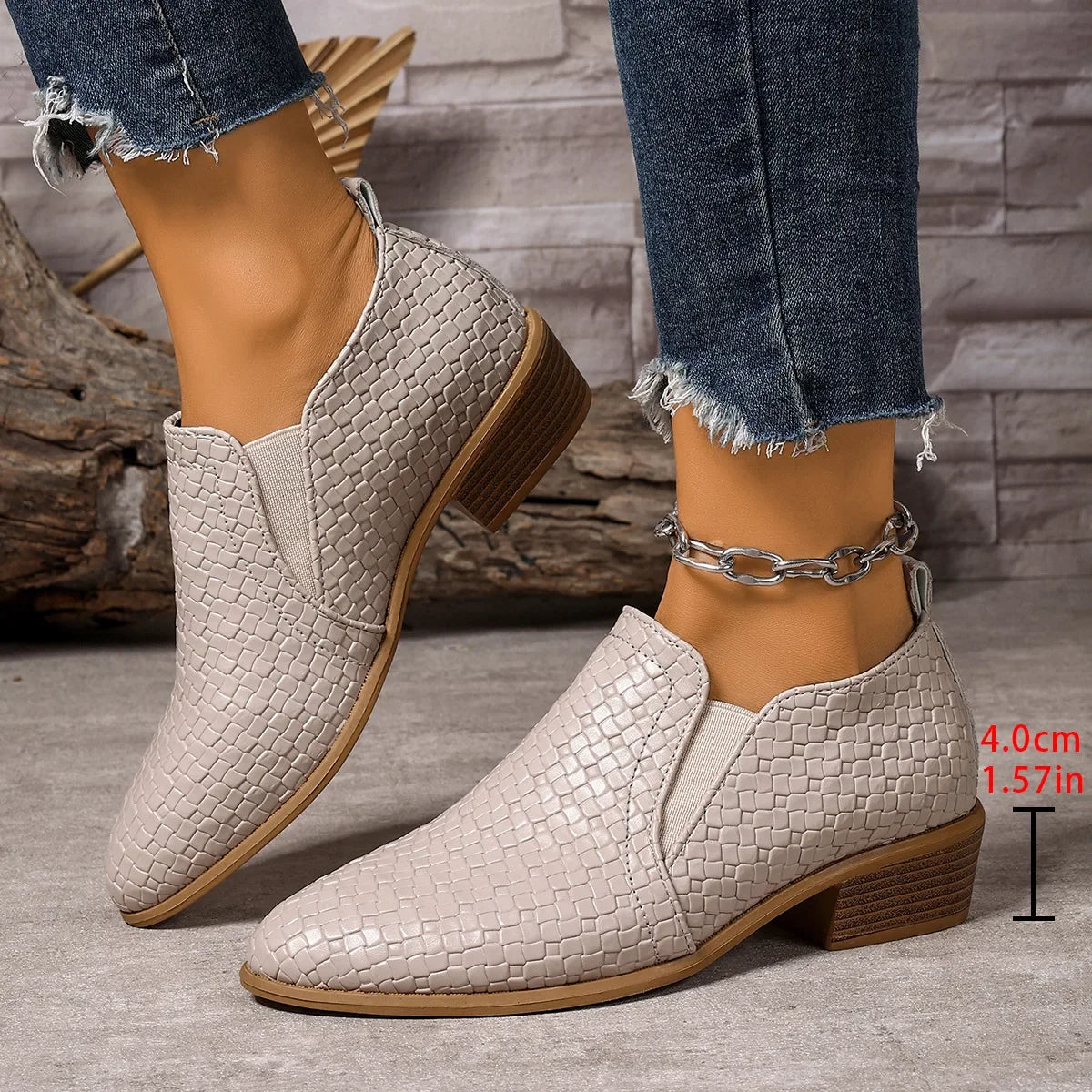 Dames instappers met dikke hak Beige Retro Grote maat 43, Lente Herfst Nieuwe stijl Platte schoenen Comfortabel polyurethaan