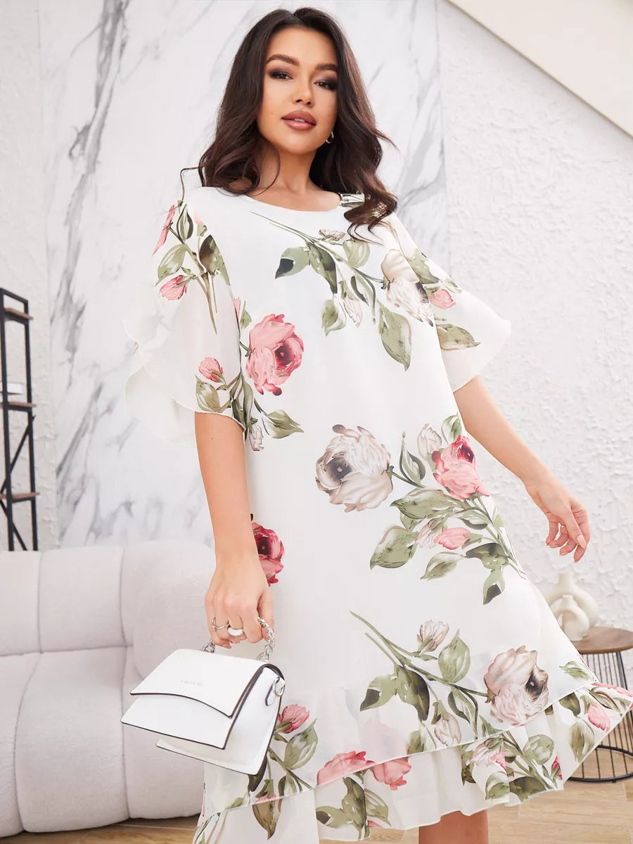Robe Fleur de Soie. Élégante robe femme à manches mi-longues en chiffon avec imprimé