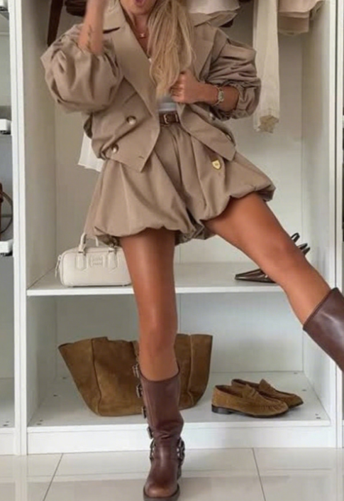 Ensemble décontracté veste à poches avec col à revers, manches lanterne et boutons + pantalon