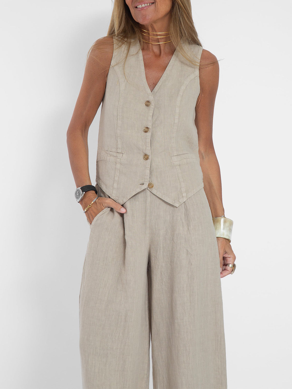 Aira™ – Ensemble composé d’un gilet boutonné et d’un pantalon à jambes larges