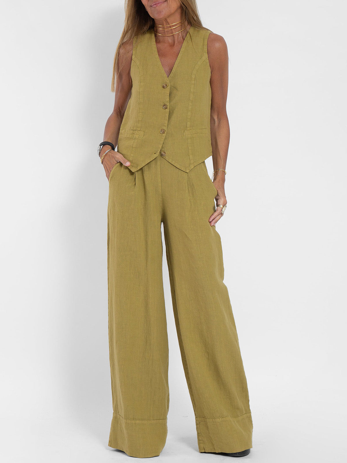 Aira™ – Ensemble composé d’un gilet boutonné et d’un pantalon à jambes larges