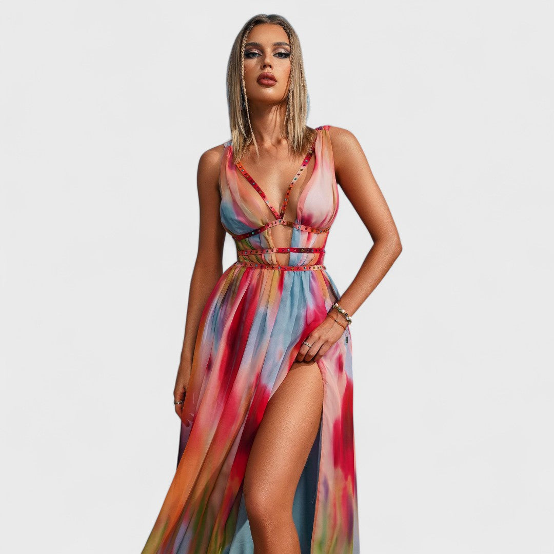 Freya | Robe Longue Peinte au Dégradé de Couleurs Vibrantes