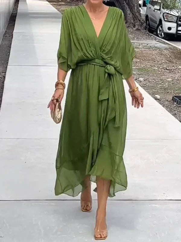 MONICA™ – ROBE EN MOUSSELINE DE SOIE À COL EN V