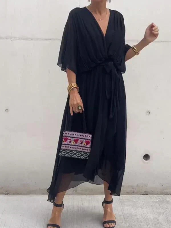 MONICA™ – ROBE EN MOUSSELINE DE SOIE À COL EN V