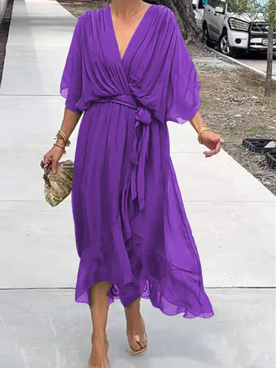 MONICA™ – ROBE EN MOUSSELINE DE SOIE À COL EN V
