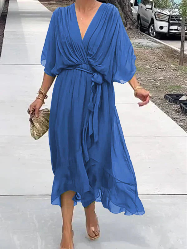 MONICA™ – ROBE EN MOUSSELINE DE SOIE À COL EN V
