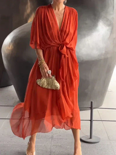MONICA™ – ROBE EN MOUSSELINE DE SOIE À COL EN V