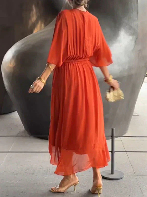 MONICA™ – ROBE EN MOUSSELINE DE SOIE À COL EN V