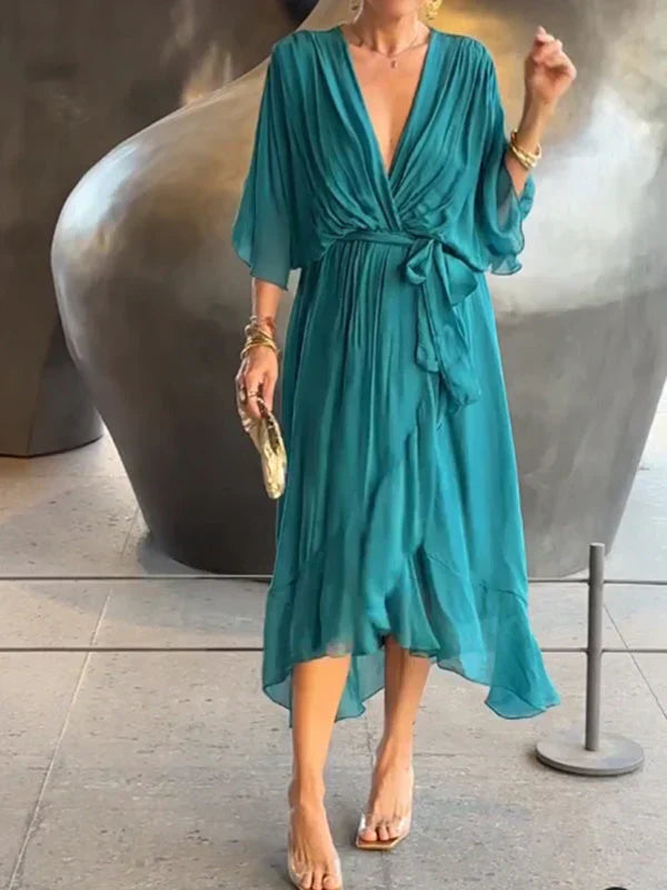 MONICA™ – ROBE EN MOUSSELINE DE SOIE À COL EN V