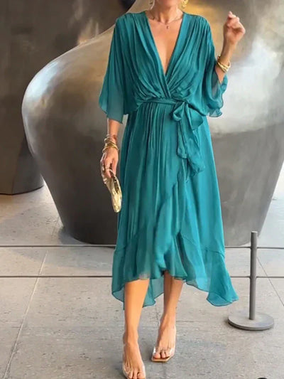 MONICA™ – ROBE EN MOUSSELINE DE SOIE À COL EN V